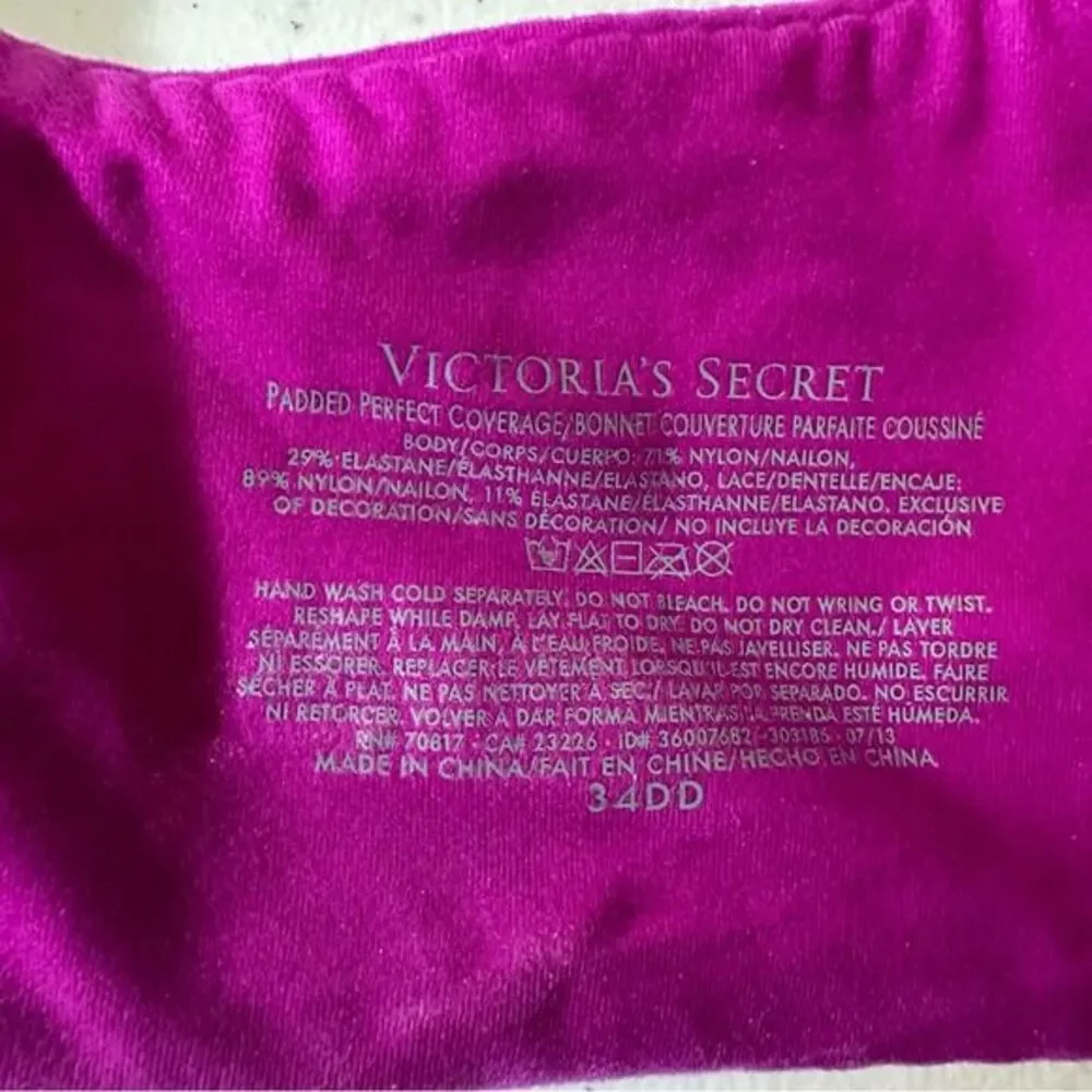 Victoria' Secret‎ Padded Perfect Coverage Bra Size 34DD Raspberry